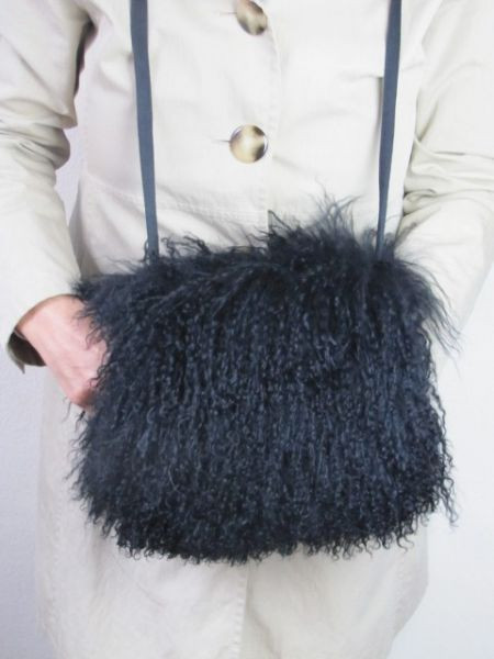 Pelz Muff Echt Tibetlamm Pelzmuff mit Tasche und Handwärmer SCHWARZ