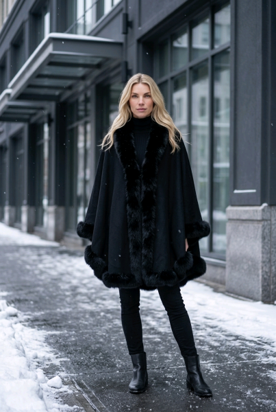 Poncho Cape Pelz Fuchs Fur Capa Kaschmir grau