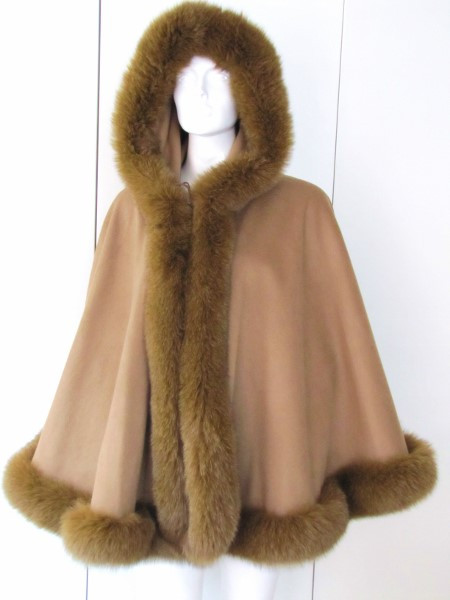 Cape Pelz Fuchs Fell Poncho Mantel Kaschmir caramel