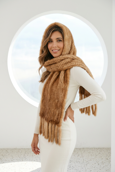 Gestrickter Nerzschal, bernstein goldenes Nerzfell